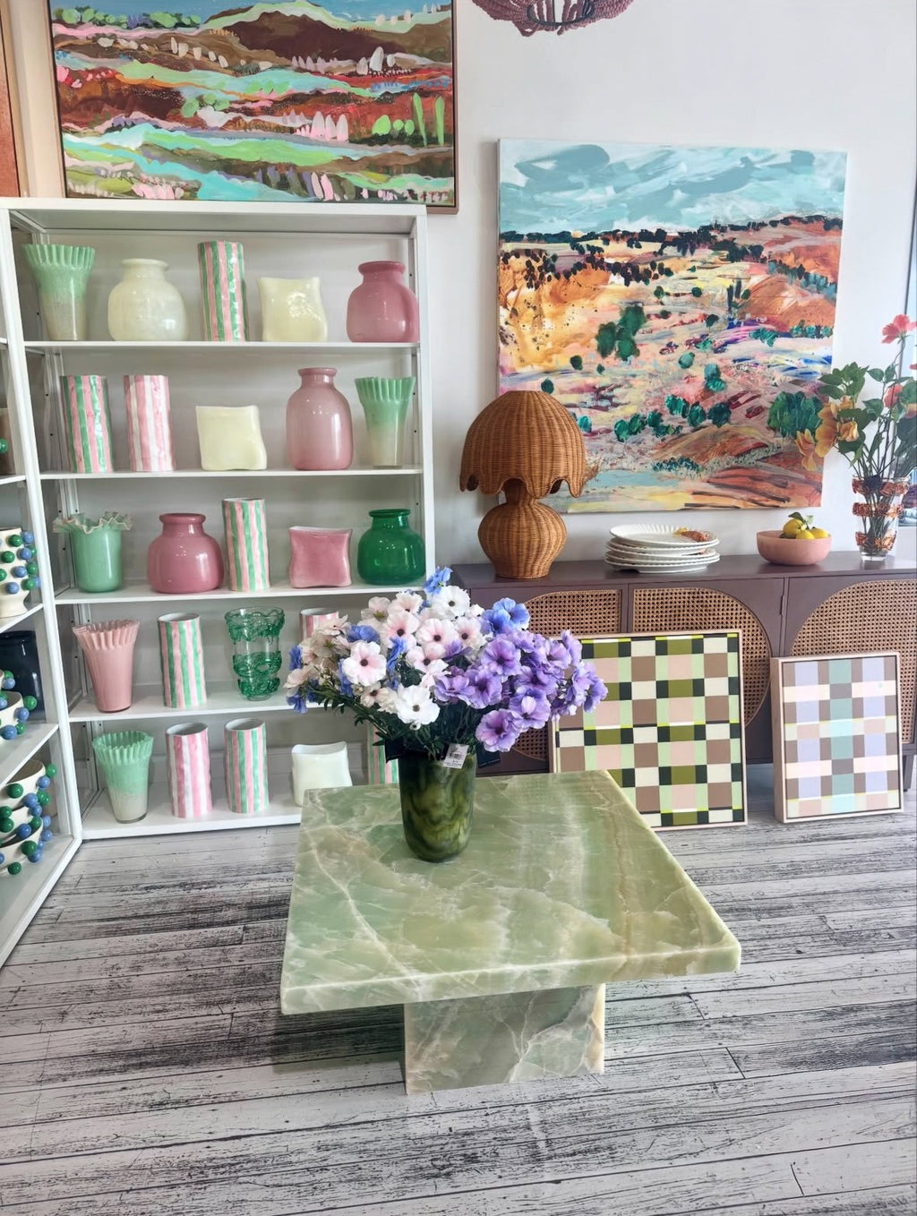 HC Homewares Green Onyx coffee table, styled in Jumbled in Orange NSW.