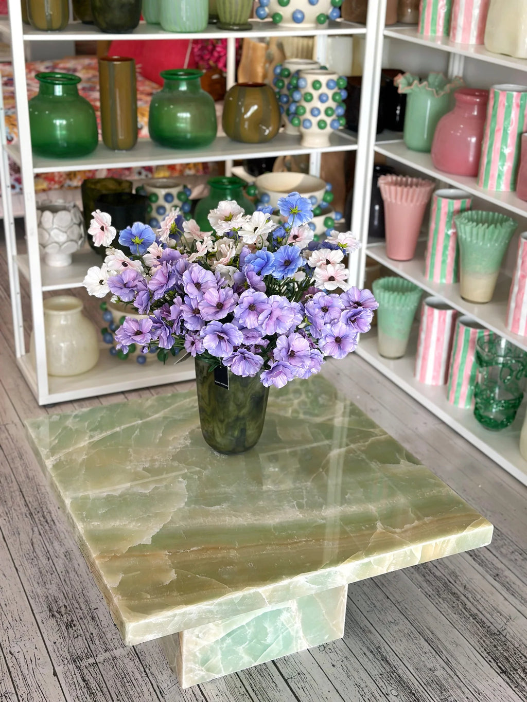 HC Homewares Green, Onyx marble coffee table, styled in Jumbled.