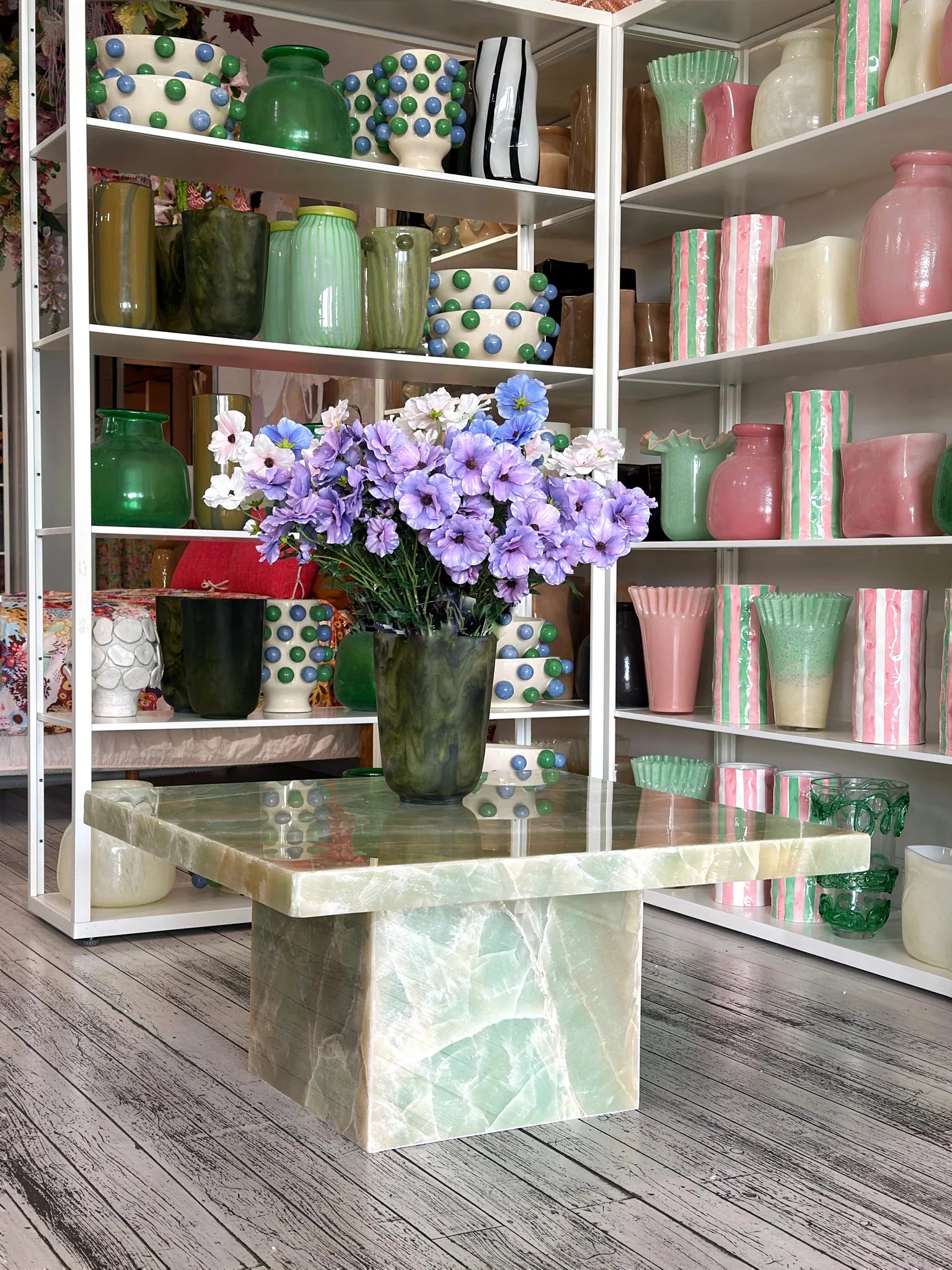 HC Homewares Green Onyx coffee table displayed in a vibrant, eclectic homeware store in Orange, NSW, 2800
