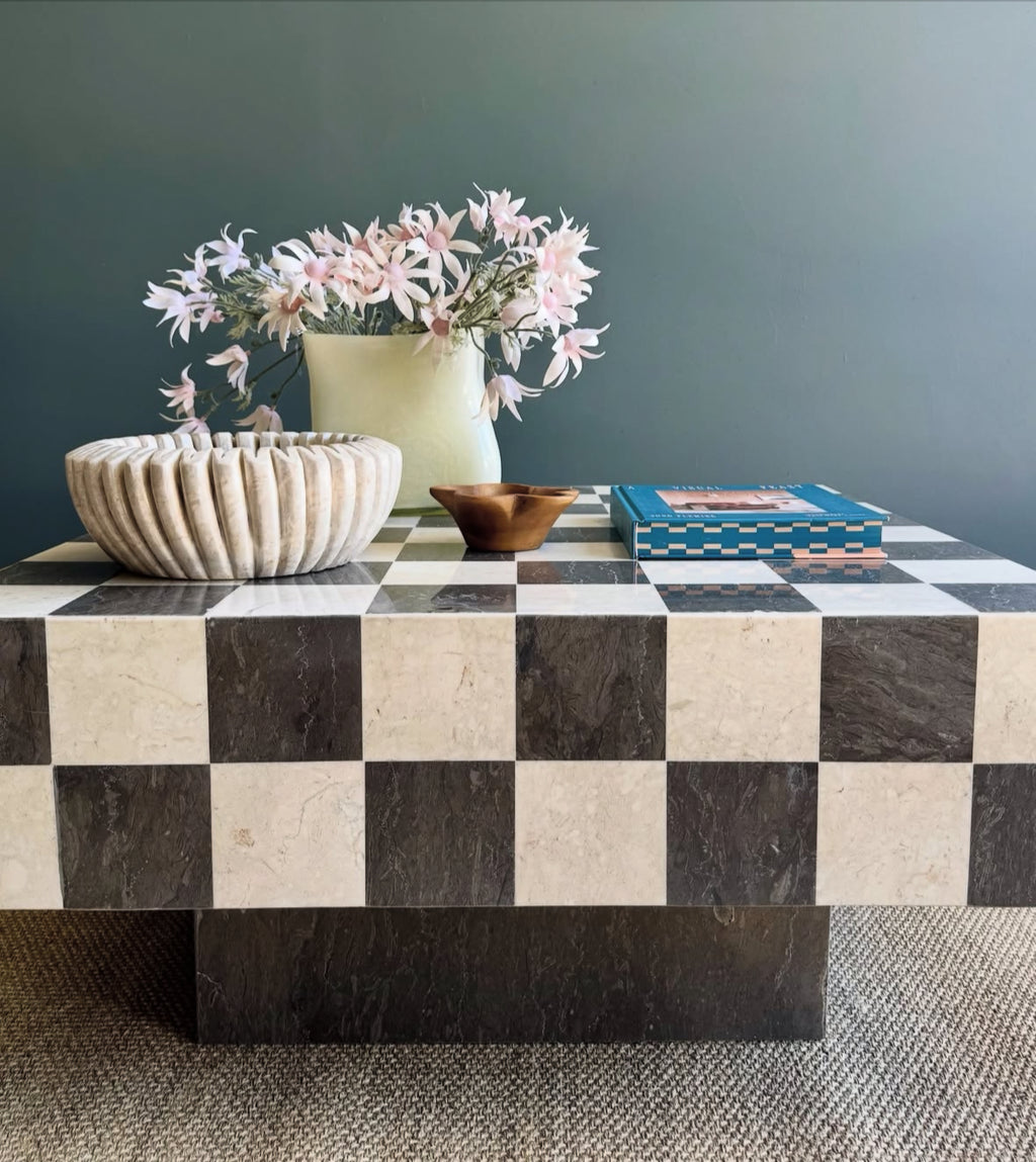 HC Homewares checkered coffee table with alternating dark and light stone tiles, designed to elevate your home.