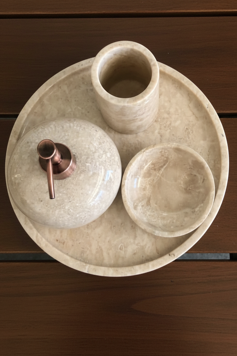 HC Homewares set of three marble bathroom accessories on a round matching tray, including a soap dispenser with a copper-toned spout, a small cylinder vessel, and a shallow bowl.